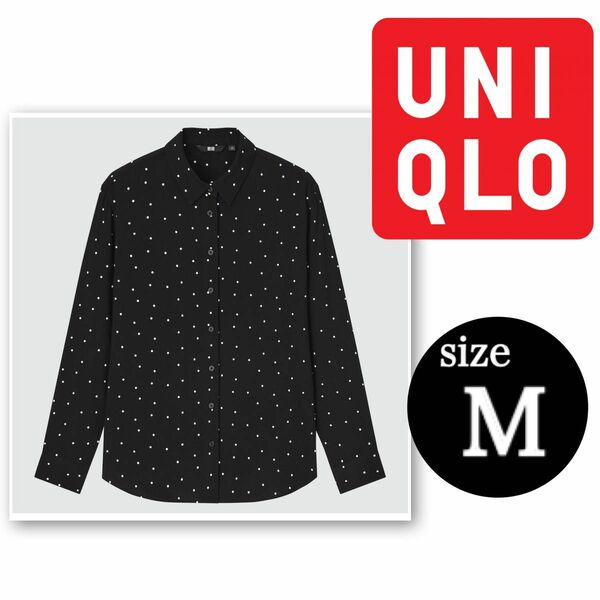 UNIQLO レーヨン プリント ブラウス ドット 長袖 BLACK 水玉　size M レディース