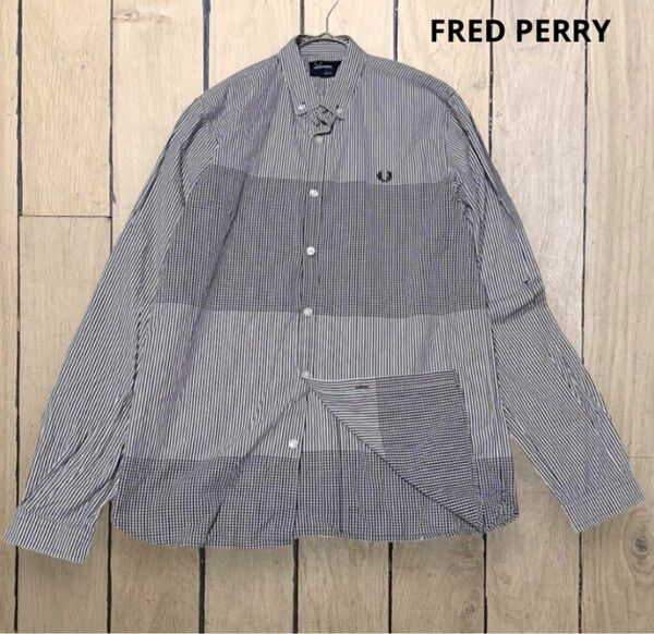 FRED PERRY 長袖　カットソー　シャツ　刺繍ロゴ　ギンガムチェック　M フレッドペリー 月桂樹　鹿の子