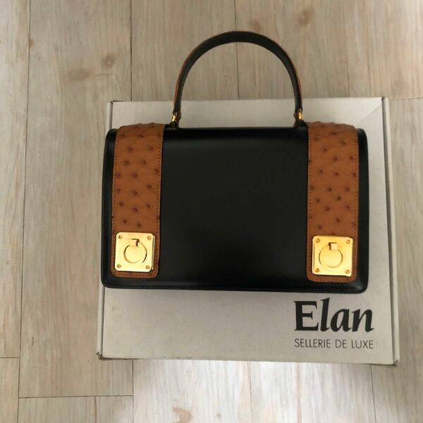 Elan ハンドバックオーストリッチ黒革コンビ未使用品