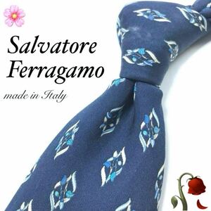 【大特価】〇Salvatore Ferragamo〇ネイビー〇総柄〇ブランドロゴ○爽やか○オフィス○仕事○ネクタイ○オシャレ○