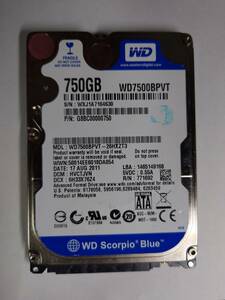Western Digital 　WD7500BPVT　750GB　2.5インチ 　使用時間8270時間
