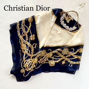 3 point free shipping *Christian Dior Christian Dior silk 100% silk vintage Vintage large size scarf gem accessory 