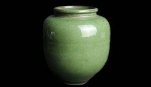 古い青磁壺 緑釉 在銘 宗仙作 骨董 花入 花器 花瓶