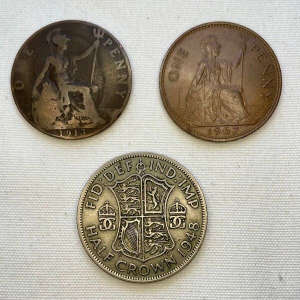 イギリス 旧硬貨 コイン １ペニー 1913年 ハーフクラウン 1948年 １ペニー 1967年