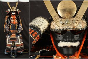 [URA] life-size armour complete set / black trunk present . element . red * white * navy blue / ornament armour / approximately 159cm/4-5-72 ( search ) antique / helmet / armor / armour / sword fittings / armour / Japanese sword / guard on sword / sword fittings 