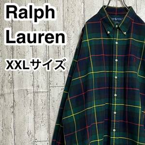 【人気ブランド】Ralph Lauren ラルフローレン 長袖 BDシャツ ボタンダウン ビッグサイズ グリーン マルチカラー レッドポニー 24-28