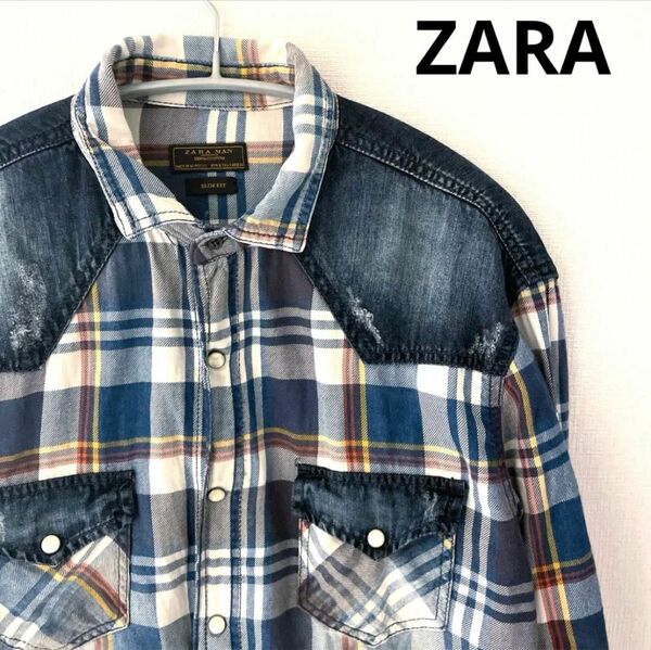 ZARA チェックシャツ　長袖　ダメージ加工　Sサイズ　ザラ　メンズ