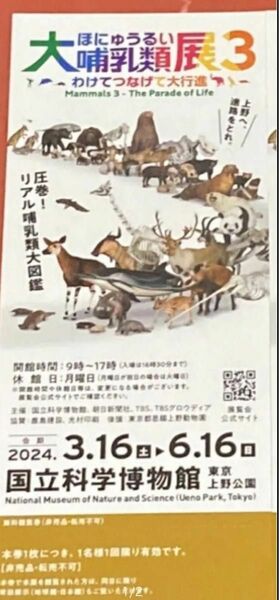 国立科学博物館 特別展 大哺乳類展3 2024年6月16日まで チケット 通常2,100 わけてつなげて大行進 上野公園