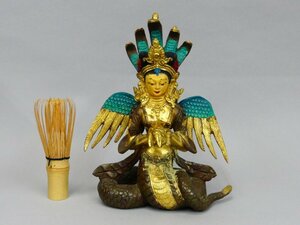 z702 古銅 インド 神話仏教 銅製色絵 ナーガラージャ像 蛇女神 インド蛇神諸王 重さ約1.7kg 高さ約20cm