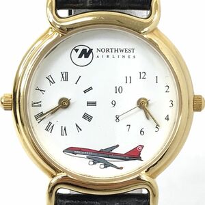 美品 NORTHWEST ノースウエスト航空 腕時計 クオーツ アナログ ラウンド ホワイト ブラック デュアルタイム 電池交換済み 動作確認済み