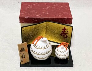 14201/京陶人形 開運 福寿 土鈴 親仔 巳 干支 小田益三作 台付 未使用 紙箱 郷土玩具 土人形