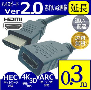 □ハイスピードVer2.0 30cm HDMI延長ケーブル (オス/メス) 4KフルHD 3D ネットワーク対応 2HDMI-03E