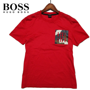 【ヒューゴ・ボス】 胸カモフラロゴ　半袖クルーネックカットソー （M） レッド　シルケットTシャツ　BOSS HUGO BOSS