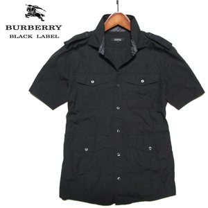 [ Burberry Black Label ] 4 листов карман короткий рукав милитари рубашка размер 2(M) черный BURBERRY BLACK LABEL три . association 