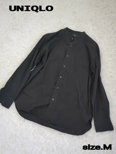 美品　UNIQLO　ノーカラーシャツ　長袖シャツ　黒　メンズ　ボタン　シャツ　長袖