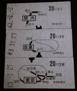【地図式乗車券(20円２等/B型)】　関内、目黒、東京　３枚セット　S43　[赤地紋]