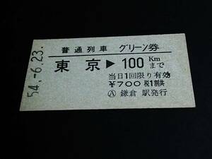 【普通列車グリーン券(A型)[復路用/鎌倉駅発行]】　東京⇒100km　S54.6.23