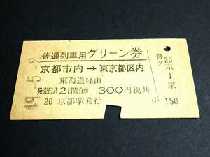 【普通列車用グリーン券(A型)】　京都市内→東京都区内(東海道経由)　S49.5.2