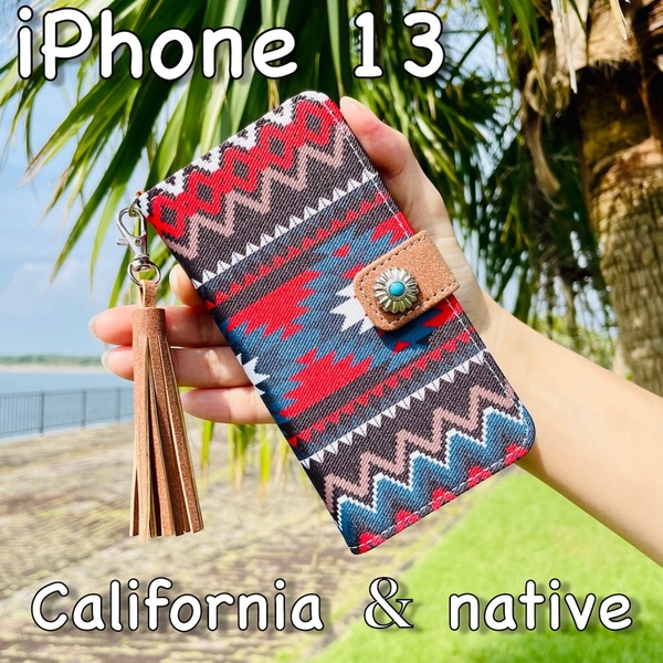 iPhone 13 レザーケース☆カリフォルニアスタイル/ネイティブ&コンチョ☆手帳型カバー☆