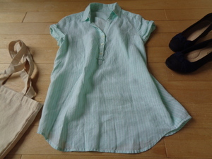  thousand ..linen100% shirt color short sleeves tunic mint series border refreshing! M beautiful goods (^^!