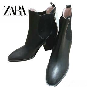【未使用】ZARA ザラ　サイドゴア　ショートブーツ　39 黒　レザー　本革　25.5cm ブラック　ヒール　タグ付き　美品