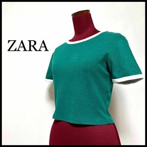  ZARA Tシャツ ショート丈 クロップド 半袖 肌見せ チビT モスグリーン M