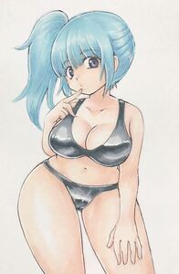 彫元彫伍 ★ ハガキ程度の紙 水着のサイドテールお姉さん オリジナル セクシー 手描きイラスト 手書き　