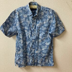 ゴールデンベアー　メンズボタンダウンシャツ　麻混　ブルー系　トロピカルリーフプリント　半袖