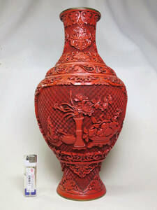 [大幸]　台湾美術　銅胎堆朱盆景彫花瓶　上手　希少良品　高さ38cm　TAIWAN　台湾堆朱　煎茶具　古玩　置物　彫刻　