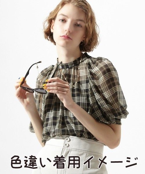 TIARA シフォンチェックシャーリングブラウス