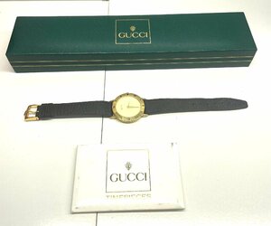 【稼動品】Gucci グッチ 3000.2.M ラウンド 純正尾錠 ゴールド文字盤 レザーベルト QZ メンズ腕時計 ケース 冊子付 電池交換済