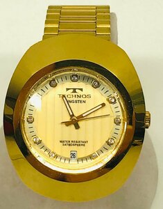 [ operation goods ]TECHNOS Tecnos T9475 three needle quartz clock oval type Date tang stain bezel Gold color body only 