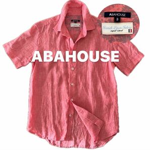 美品　ABAHOUSE アバハウス　麻シャツ　リネン　半袖シャツ　ボタンシャツ　襟付き　カジュアル　ピンク　size3 メンズ　