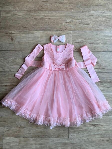 発表会で使用　ピンクのドレス120cm 結婚式にも◎ ヘアピンリボンもセットで！