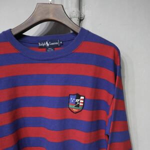 【即決】90s polo ralph lauren ポロラルフローレン スーサイドスキー ワッペン ボーダー カットソー ロング Tシャツ レッド ブルー 古着 M