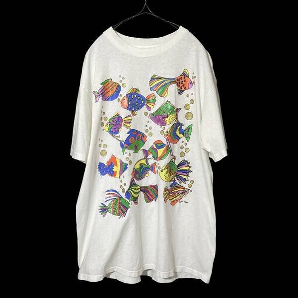ヴィンテージ 90s プリントTシャツ 熱帯魚柄 アート シングルステッチ マルチカラー サイケ