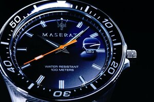 1円～新品本物MASERARTIマセラティ公式美しすぎるオレンジ秒針×ダークネイビーDeepseaサブマリーナリミテッド100ｍ防水腕時計逆輸入