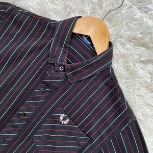  spring summer oriented [ Fred Perry ] short sleeves shirt button down stripe pattern cotton 100% Logo Mark button stamp made in Japan FRED PERRY size M rare design 