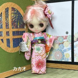 プチブライス　アウトフィット　ハンドメイド　和服　着物　髪飾り、キラキラバッグ付