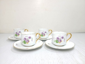 【未使用展示品】 大倉陶園 デミタスカップ＆ソーサー すみれの花束 4客セット ○YR-16610○