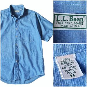 USA製 90's L.L.Bean エルエルビーン ヴィンテージ 半袖 シャンブレー シャツ オール コットン 100% 良好 Mサイズ アメリカ トラッド ivy