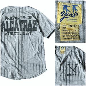 90's ALCATRAZ アルカトラズ 刑務所 ヴィンテージ ベースボール シャツ ストライプ ステンシル スーベニア 半袖 ノーカラー USA プリズナー