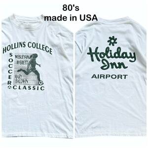 USA製 80's Holiday Inn ヴィンテージ Tシャツ ホワイト 白 グリーン 緑 シングルステッチ 綿100 XL 両面 プリント カレッジ サッカー 企業