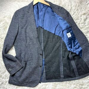 リネン100%Ｌサイズ●LANVIN テーラードジャケット メランジ ブルー デニム ニット ランバン 伸縮性 春夏 メタルボタン アンコン メンズ