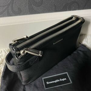 ●未使用級 エルメネジルドゼニア Ermenegildo Zegna クラッチバッグ メンズ ビジネス セカンド オーガナイザー 3連 レザー ブラック 黒