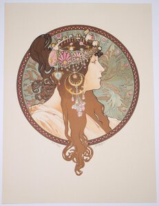 ミュシャ Alphonse Mucha「ブルネット （Brunette）」版画（リトグラフ）※シートのみ出品　摺師直筆サイン有り250部限定（本作品HC）