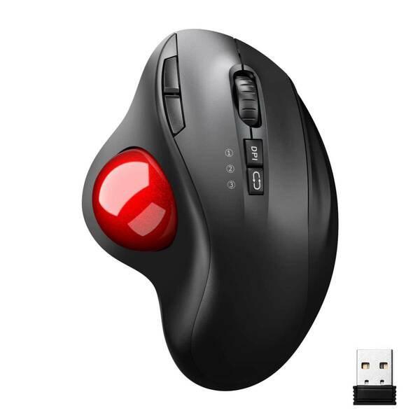 ＊トラックボールマウス Bluetooth & 2.4GHz USBレシーバー 3台同時接続 省電力モデル Type-C充電式 ワイヤレスマウス レッド