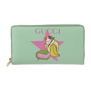 新品未使用展示品 GUCCI グッチ ジップアラウンドウォレット ばなにゃコラボ 701060 長財布 レザー グリーン系 ゴールド金具 【本物保証】