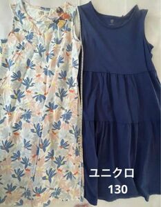 新品と中古◆キャシー・バーンズ ワンピース 130 UNIQLO ノースリーブ 花柄 ネイビー ユニクロ