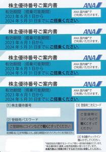 ANA 株主優待券 4枚 2024年5月31日期限 パスワード連絡 or ゆうパケットポストmini